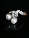 Edwardian 18ct platinum natural pearl and diamond ring, likely French