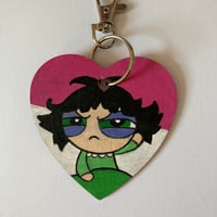 Image 3 of Powerpuff girls Buttercup hand painted wooden heart shaped keychain 