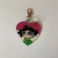 Image 1 of Powerpuff girls Buttercup hand painted wooden heart shaped keychain 