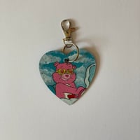 Image 1 of Care Bears Love-a-lot bear hand painted wooden heart shaped keychain 
