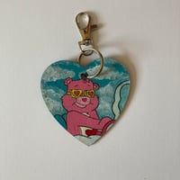 Image 3 of Care Bears Love-a-lot bear hand painted wooden heart shaped keychain 