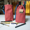 NEW! Small Drawstring Pouch Bag with Pocket. For Artists Tools/Pens. Upcycled Canvas. Dusty Red 004