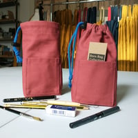 Image 1 of Small Drawstring Pouch Bag with Pocket. For Artists Tools/Pens. Upcycled Canvas. Dusty Red 004