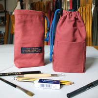 Image 4 of Small Drawstring Pouch Bag with Pocket. For Artists Tools/Pens. Upcycled Canvas. Dusty Red 004