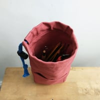 Image 3 of Small Drawstring Pouch Bag with Pocket. For Artists Tools/Pens. Upcycled Canvas. Dusty Red 004