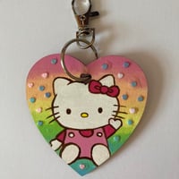 Image 3 of Rainbow heart glitter Hello Kitty hand painted wooden heart shaped keychain