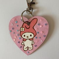 Image 3 of My Melody hand painted wooden heart shaped keychain