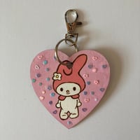Image 2 of My Melody hand painted wooden heart shaped keychain