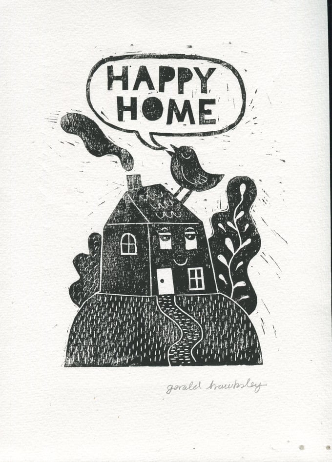 Image of HAPPY HOME handprinted linocut print