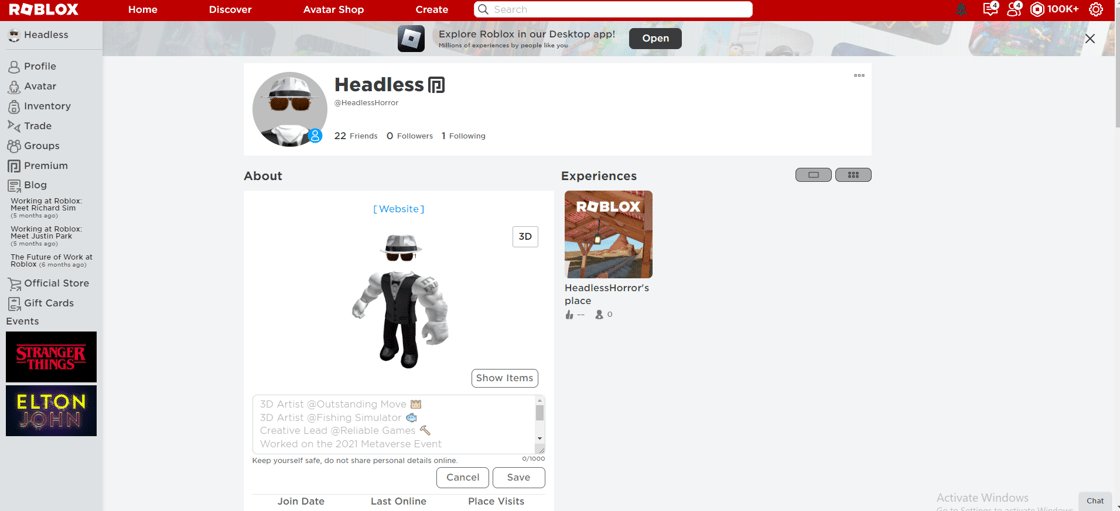 Image of Roblox Headless and Sparkle time fedora account