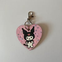 Image 1 of Kuromi hand painted wooden heart shaped keychain