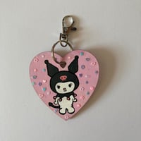 Image 3 of Kuromi hand painted wooden heart shaped keychain
