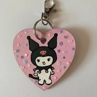 Image 2 of Kuromi hand painted wooden heart shaped keychain