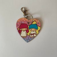 Image 1 of Little Twin Stars Kiki and Lala hand painted wooden heart shaped keychain
