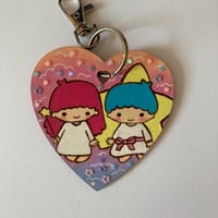 Image 3 of Little Twin Stars Kiki and Lala hand painted wooden heart shaped keychain