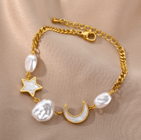 Vegan Pearl Moon & Star Chain Bracelet Stainless Steel