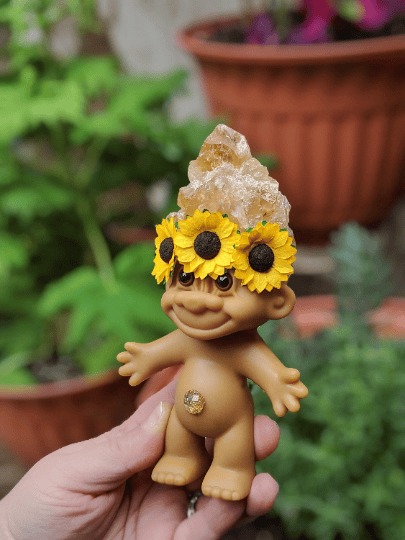 MADE TO ORDER: Citrine Golden Amethyst Crystal Troll with Sunflower Crown Adult 6"