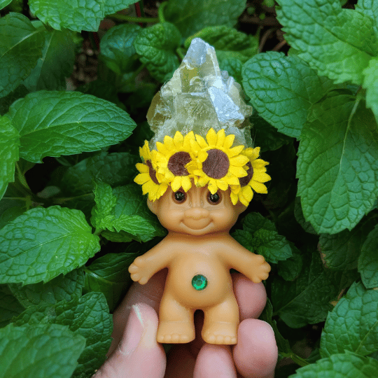 MADE TO ORDER: Green Calcite Crystal Troll Shorty with Sunflower Crown 3.5"