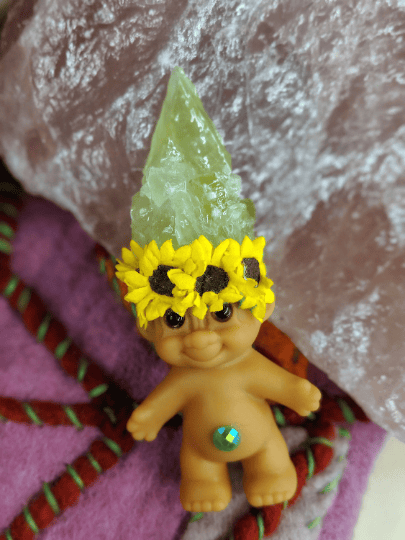 MADE TO ORDER: Green Calcite Crystal Troll Shorty with Sunflower Crown 3.5"