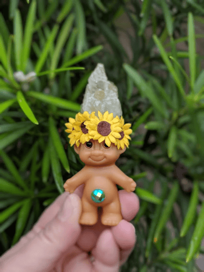 MADE TO ORDER: Green Calcite Crystal Troll Shorty with Sunflower Crown 3.5"