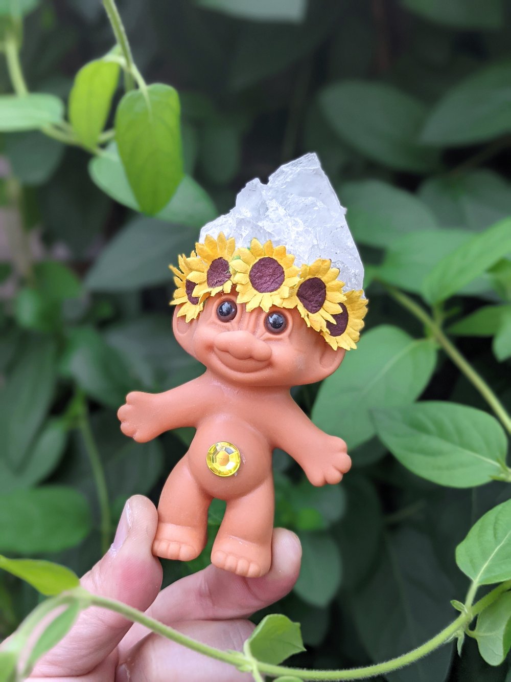 MADE TO ORDER: Clear Quartz Crystal Troll Kid  with Sunflower Crown 4"