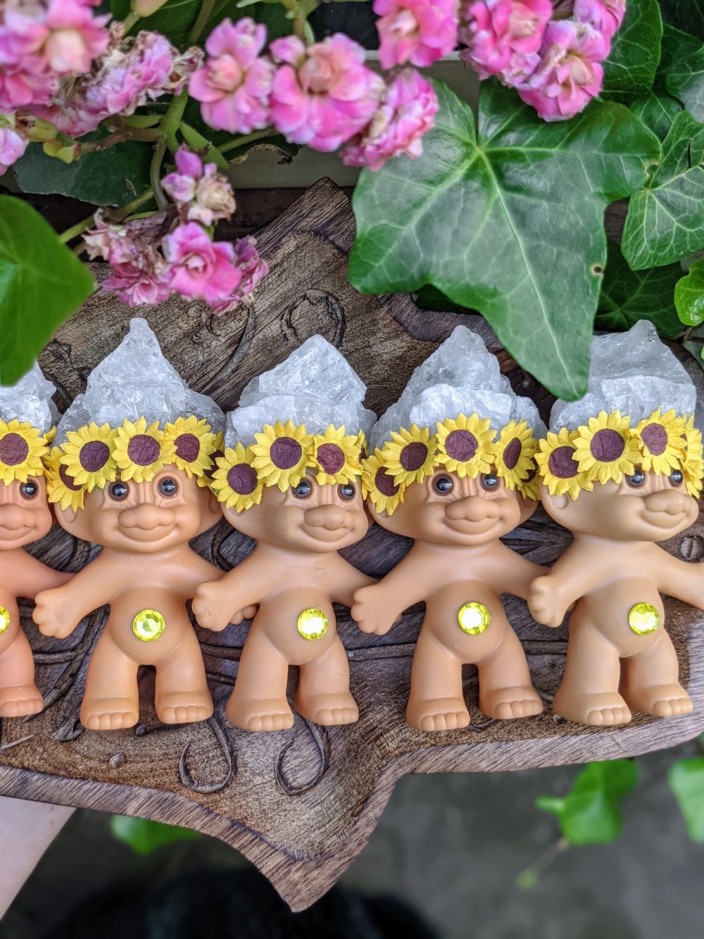 MADE TO ORDER: Clear Quartz Crystal Troll Kid  with Sunflower Crown 4"