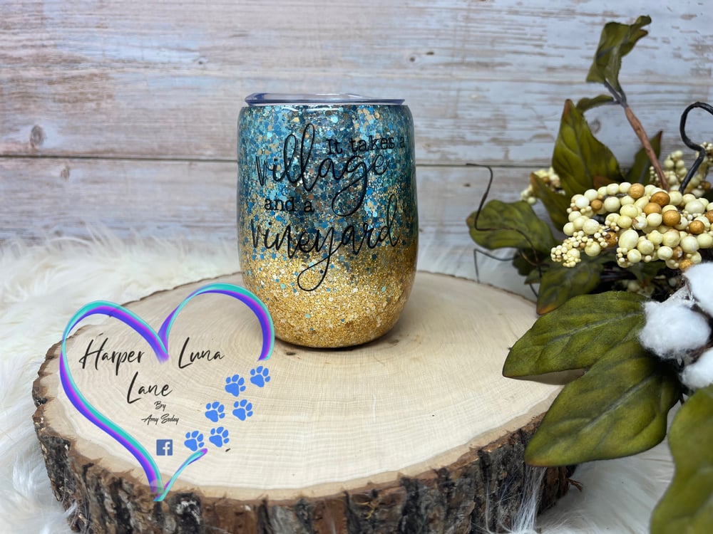 Image of 12oz Blue and Gold Village and Vineyard Wine Tumbler