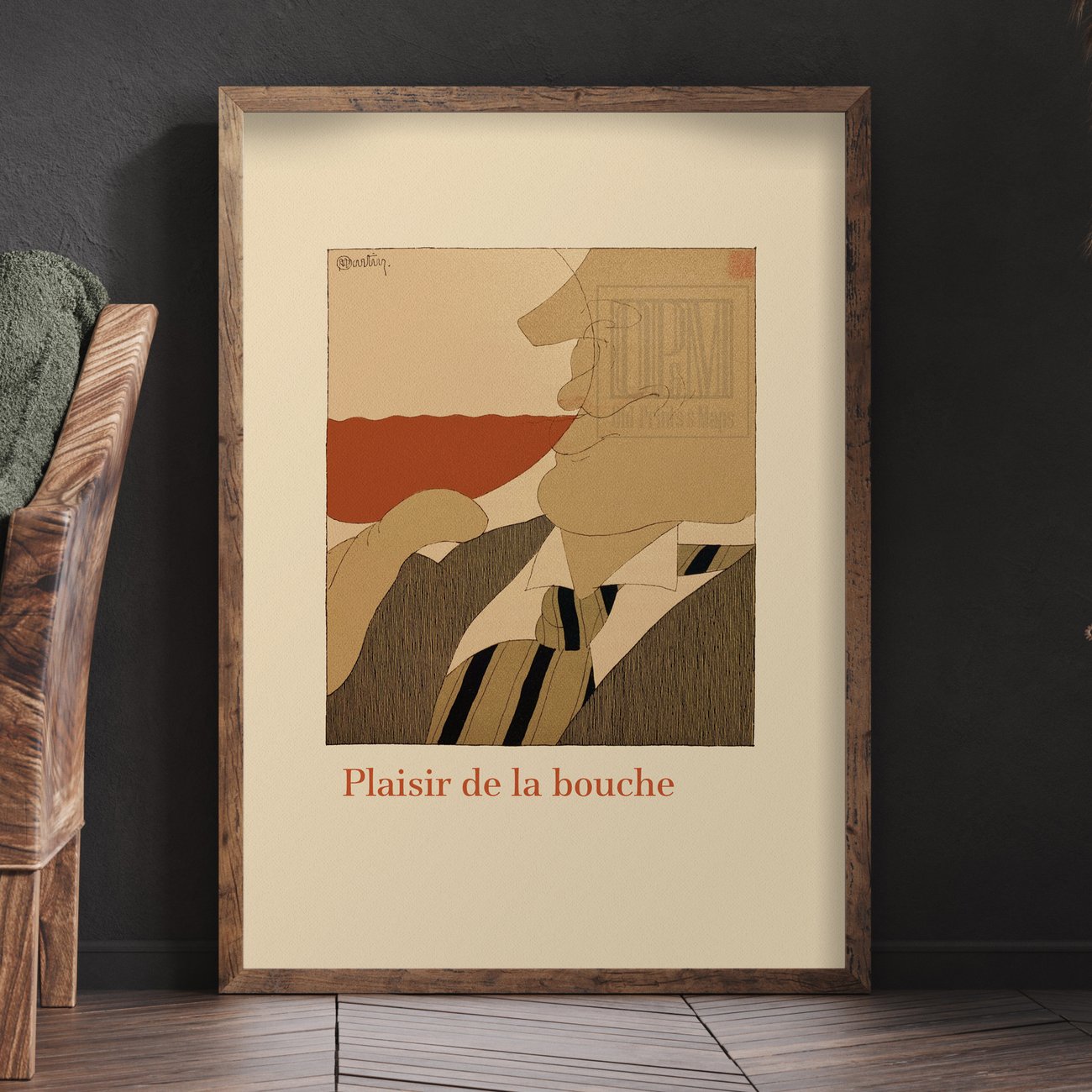 Plaisir de la bouche Vintage French wine-tasting artwork representing the pleasure of taste, with a figure savoring a sip of wine.