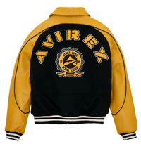 Image 1 of AVIREX CLASSIC WOOL LEATHER VARSITY JACKET IN BLACK-GOLD