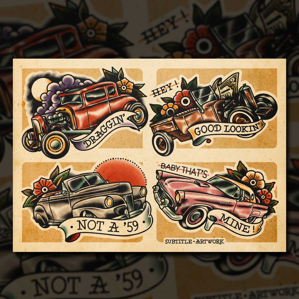 Image of Rockabilly Hot-Rods - Tattoo Flash Print