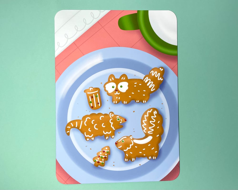 Image of Gingerbread trash cat cookies holiday card