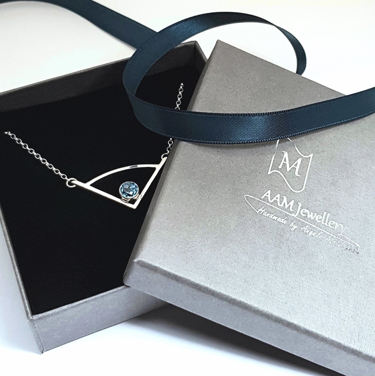 Image of Silver Pendant Necklace with Swiss Blue Topaz, Sterling Silver Triangle Necklace