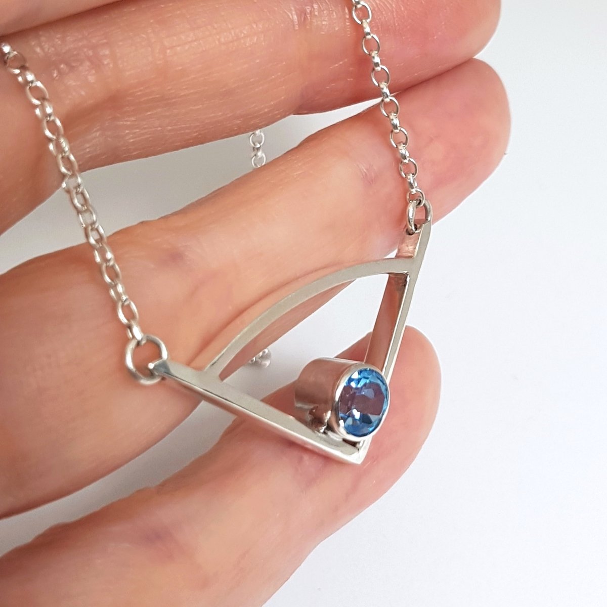 Image of Silver Pendant Necklace with Swiss Blue Topaz, Sterling Silver Triangle Necklace
