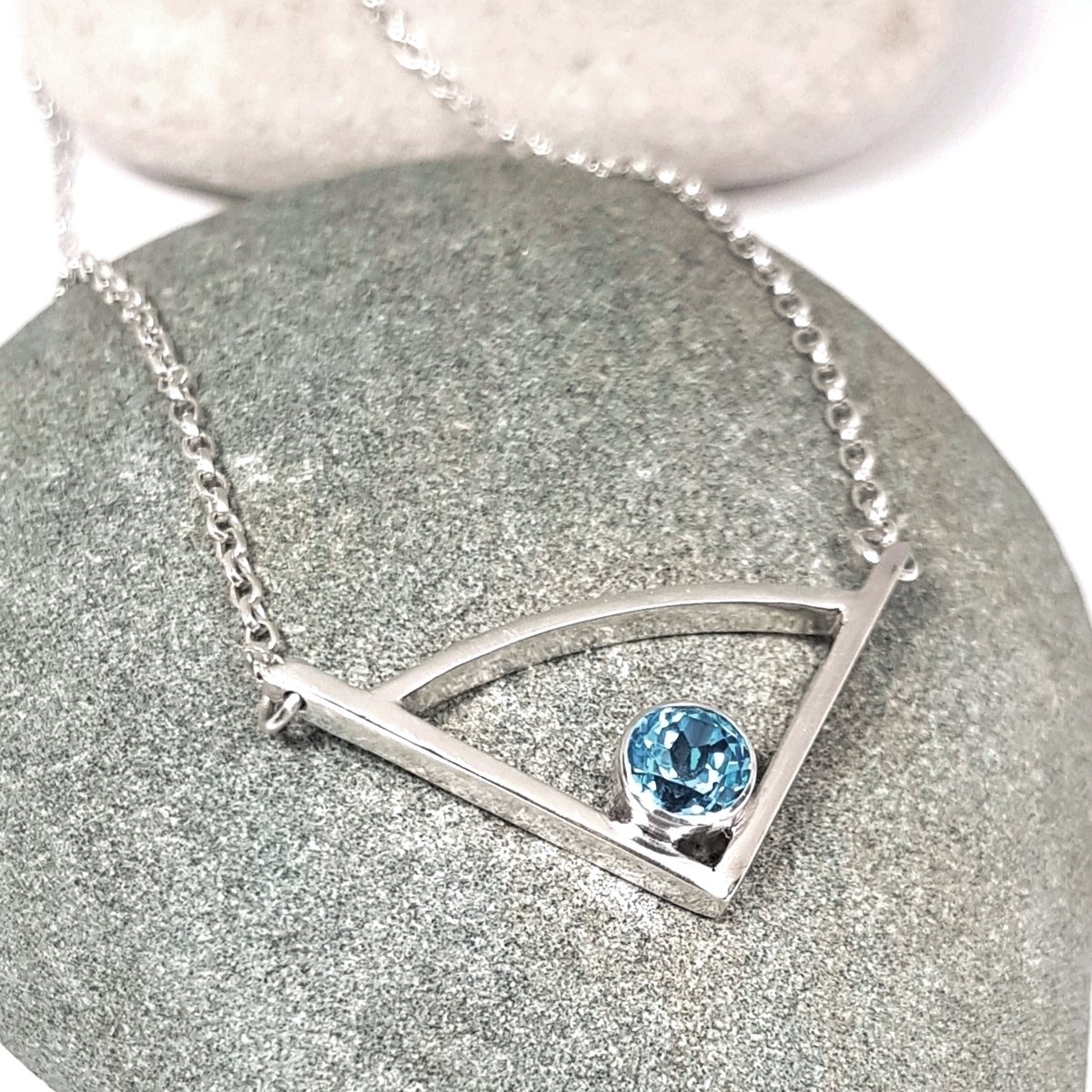 Image of Silver Pendant Necklace with Swiss Blue Topaz, Sterling Silver Triangle Necklace