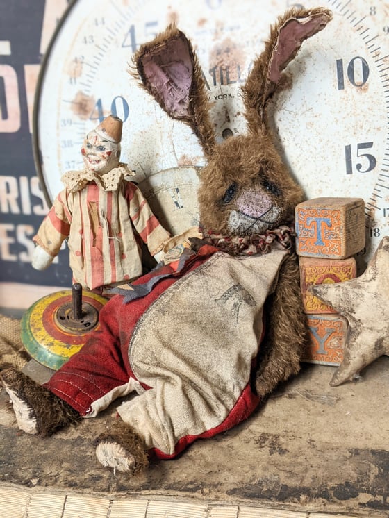 Image of Schoenhut -Jumbo -19" -Vintage Mohair Rabbit in vintage romper outfit  -Whendi's Bears