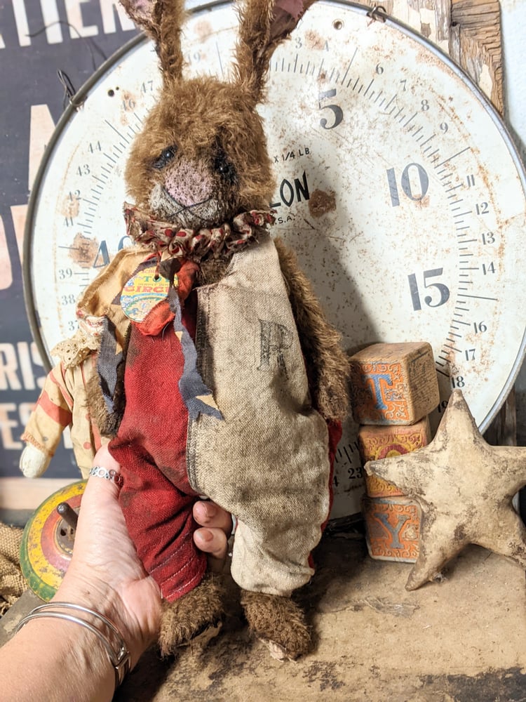 Image of Schoenhut -Jumbo -19" -Vintage Mohair Rabbit in vintage romper outfit  -Whendi's Bears