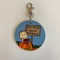 Image 1 of Peanuts It’s the Great Pumpkin Charlie Brown Linus inspired hand painted keychain