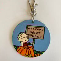 Image 2 of Peanuts It’s the Great Pumpkin Charlie Brown Linus inspired hand painted keychain