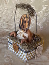 Spun Cotton Christmas Ornament Vintage Style Dachshund Dog in Basket