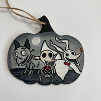 Image 1 of Tim Burton inspired dogs painted ornament includes Sparky from Frankenweenie, Scraps from Corpse bri