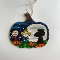 Image 1 of It's the Great Pumpkin Charlie Brown hand painted wooden pumpkin sign