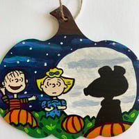 Image 3 of It's the Great Pumpkin Charlie Brown hand painted wooden pumpkin sign