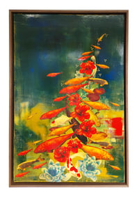 Image 1 of Original Canvas - Koi on Greens/Ochre with Hibiscus - 24" x 36"