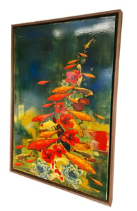 Image 2 of Original Canvas - Koi on Greens/Ochre with Hibiscus - 24" x 36"