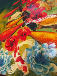 Image 3 of Original Canvas - Koi on Greens/Ochre with Hibiscus - 24" x 36"