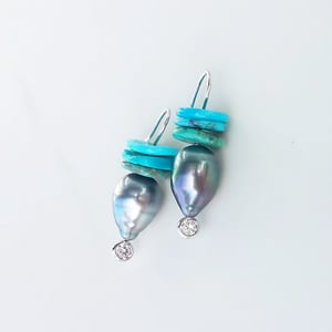 Tahitian Pearl Drops & Turquoise Disc Earrings