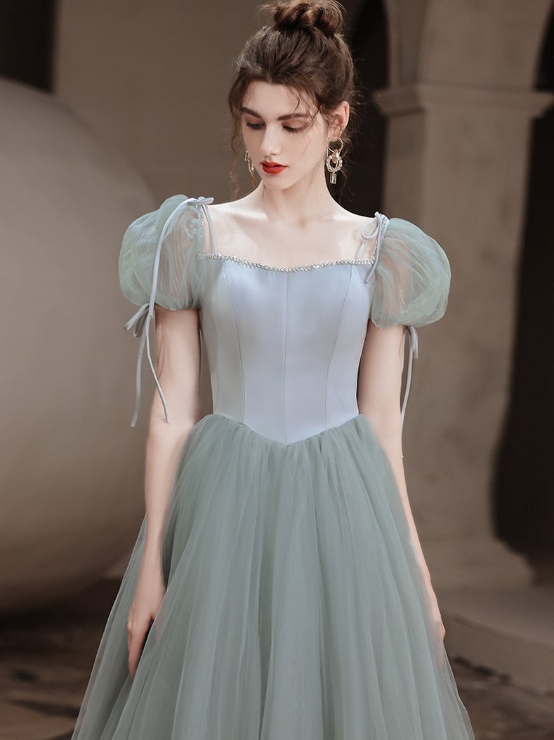 Light Green Tulle Cap Sleeves A-line Party Dress, Green Evening Formal Dress