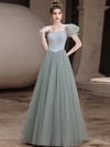 Light Green Tulle Cap Sleeves A-line Party Dress, Green Evening Formal Dress