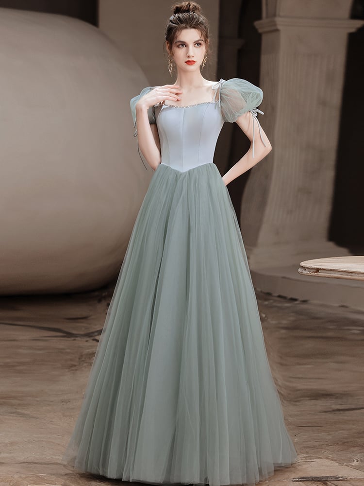 Light Green Tulle Cap Sleeves A-line Party Dress, Green Evening Formal Dress