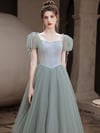 Light Green Tulle Cap Sleeves A-line Party Dress, Green Evening Formal Dress